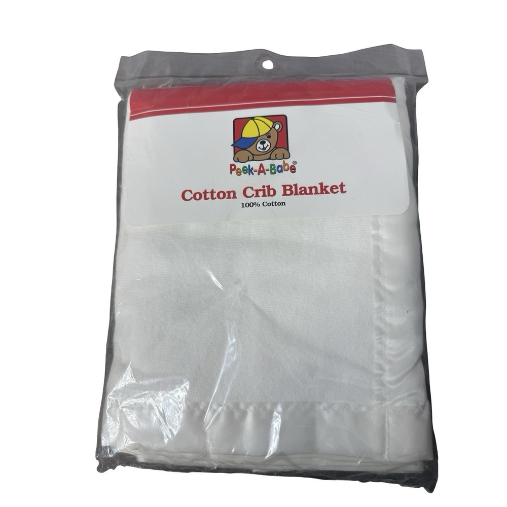 VTG Peek A Babe Cotton Crib Blanket 100% cotton White satin trim blanket 36"X50"